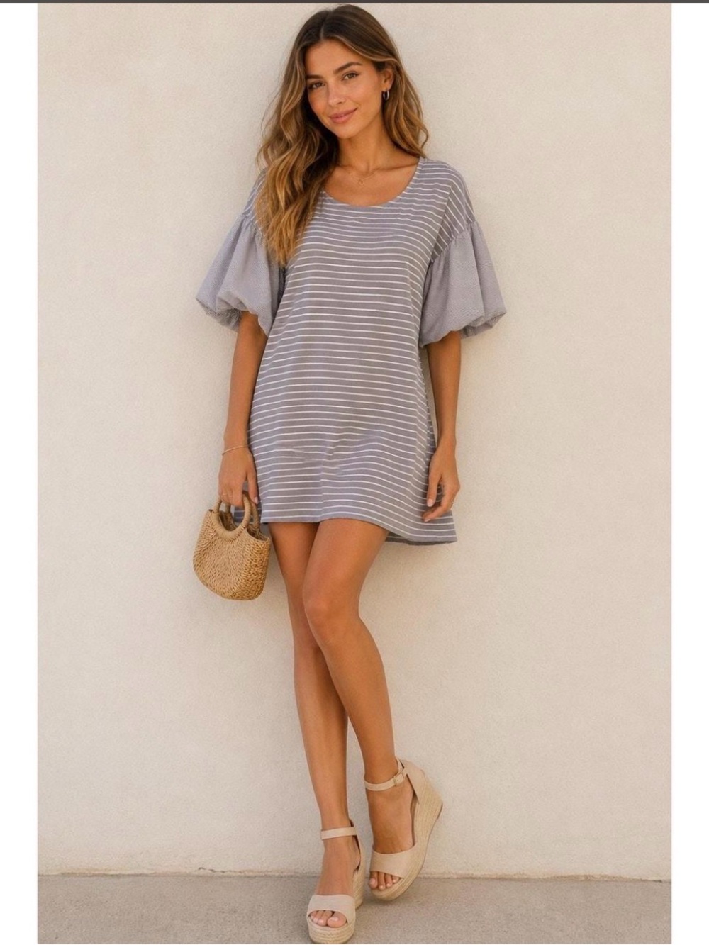 Umgee Pink White Stripe Mini Dress Short Puff Sleeves Round Neck Medium - Picture 8 of 8